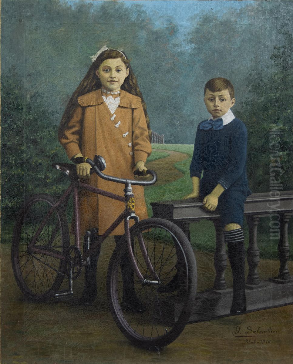 Portrait of a girl with a bicycle and her brother Oil Painting by unknown