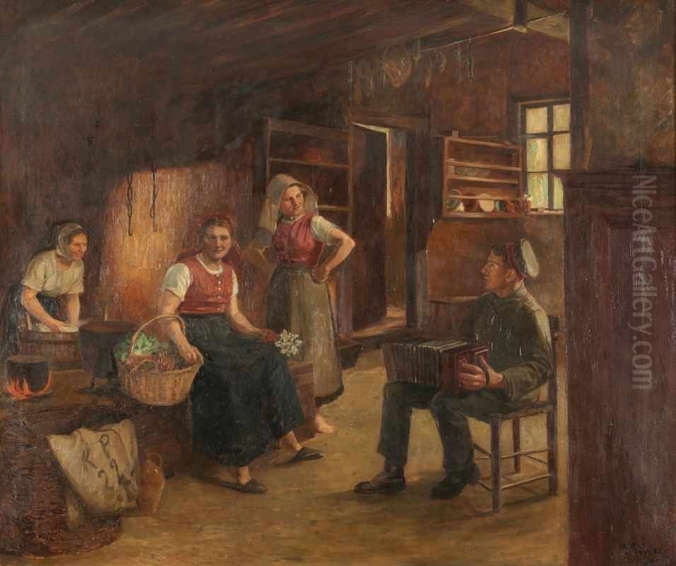 Soldier making music in the kitchen Oil Painting by Carl Plinke