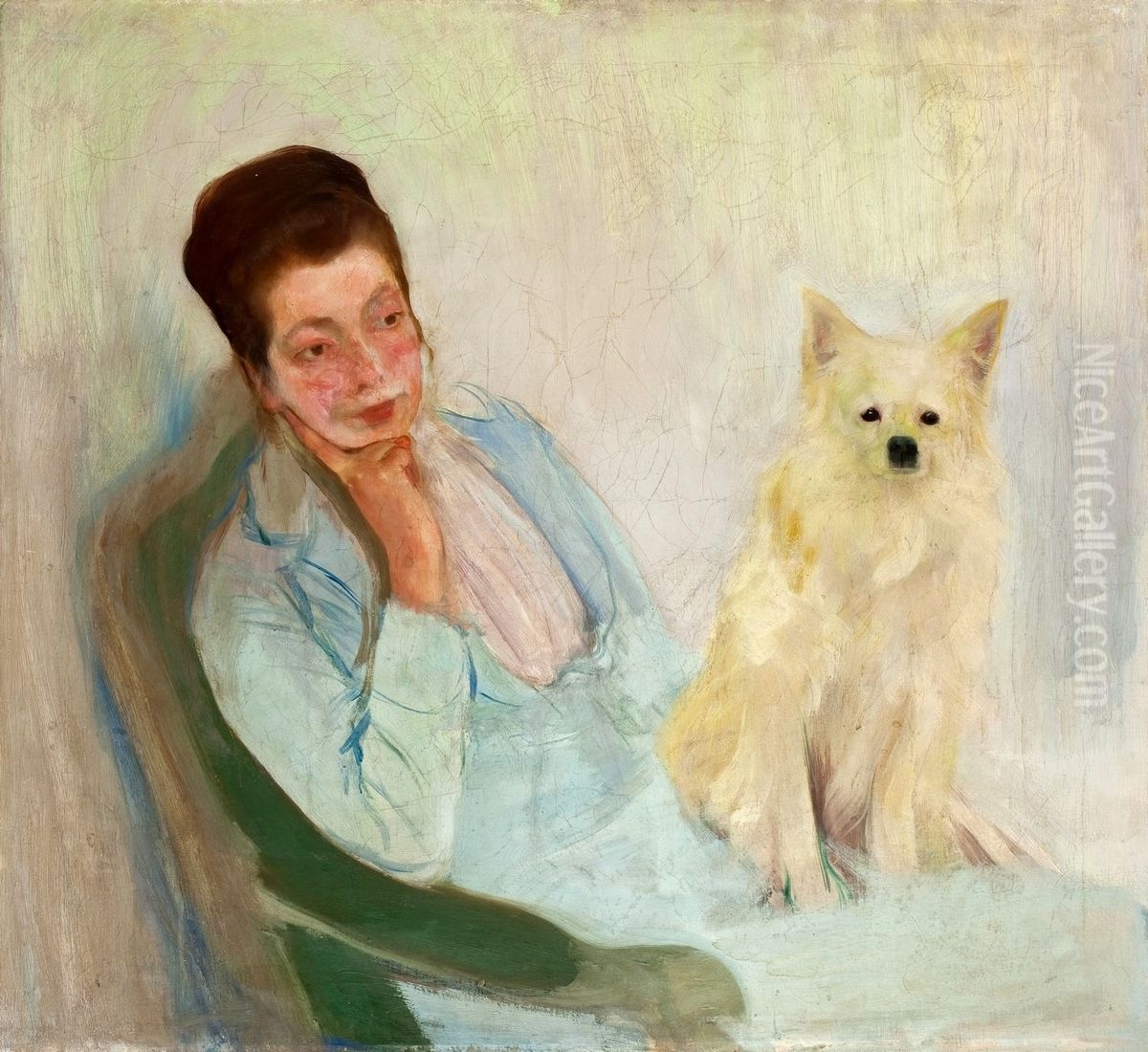 Portrait of the Artist's Wife with a Pet Dog. Oil Painting by Konrad Krzyzanowski