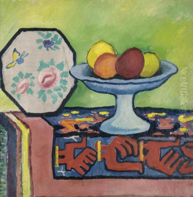 Still-life with bowl of apples and japanese fan Oil Painting by August Macke