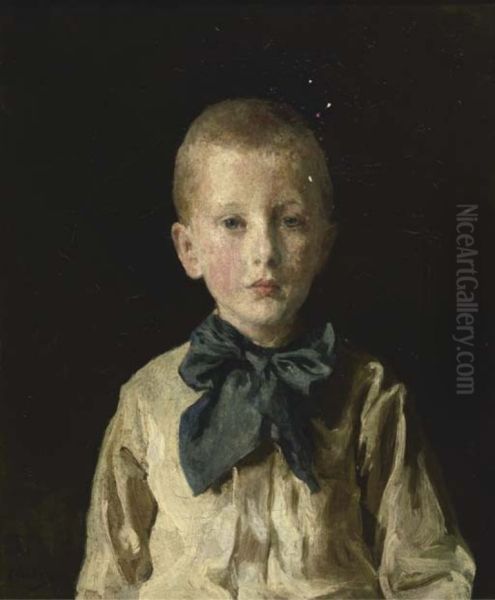 Boy with a blue ribbon Oil Painting by Edmond Van Hove