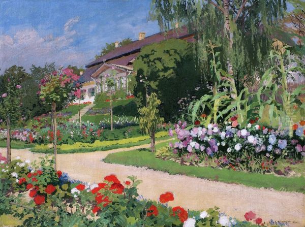 Dworek i ogrod w Jankowce Oil Painting by Jozef Mehoffer