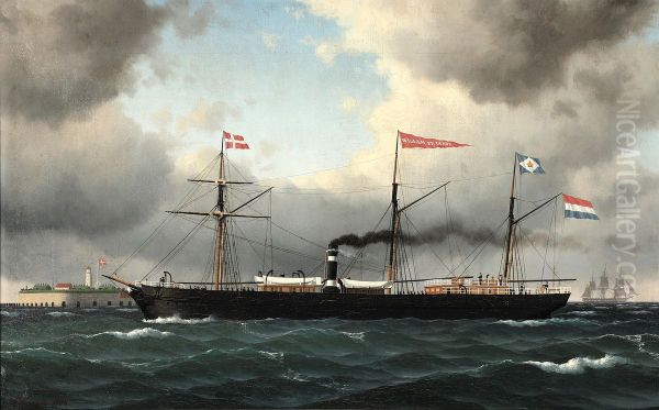 The Dutch steamship Willem de Derde off the Trekroner Fort. Oil Painting by Carl Baagoe