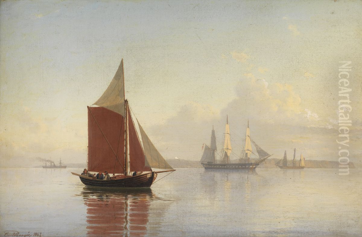 En kutter og to sejlskibe. Oil Painting by Carl Baagoe