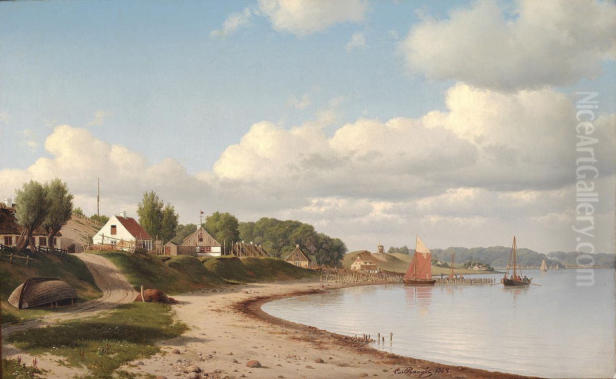 Parti af fiskerlejet Humlebaek med udsigt mod Egebaeksvang, stille eftermiddag. Oil Painting by Carl Baagoe