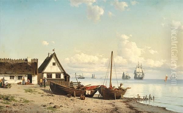 Summer day at a fishing village at Oresund. Oil Painting by Carl Baagoe