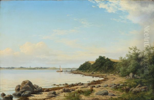 Kystparti med sejlbad og drivende skyer. Oil Painting by Carl Baagoe