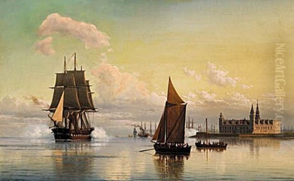 A steam frigate and other vessels at Kronborg Castle. Oil Painting by Carl Baagoe