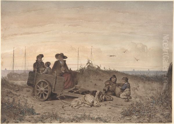 A Fisherman's Family at the Beach, the Mother and One of the Children Sitting in a Cart Oil Painting by Jan Gerard Smits