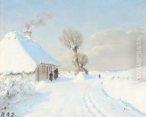 Klar vinterdag med mor og barn foran et bondehus.