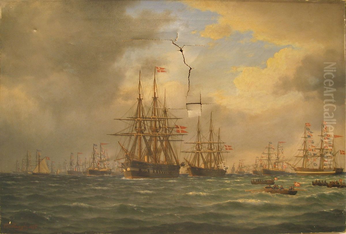 The frigate Jylland and the corvette Heimdal. Oil Painting by Carl Baagoe