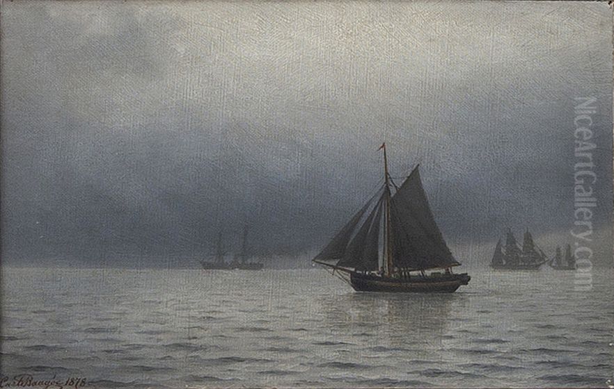Ships at sea at dusk. Oil Painting by Carl Baagoe