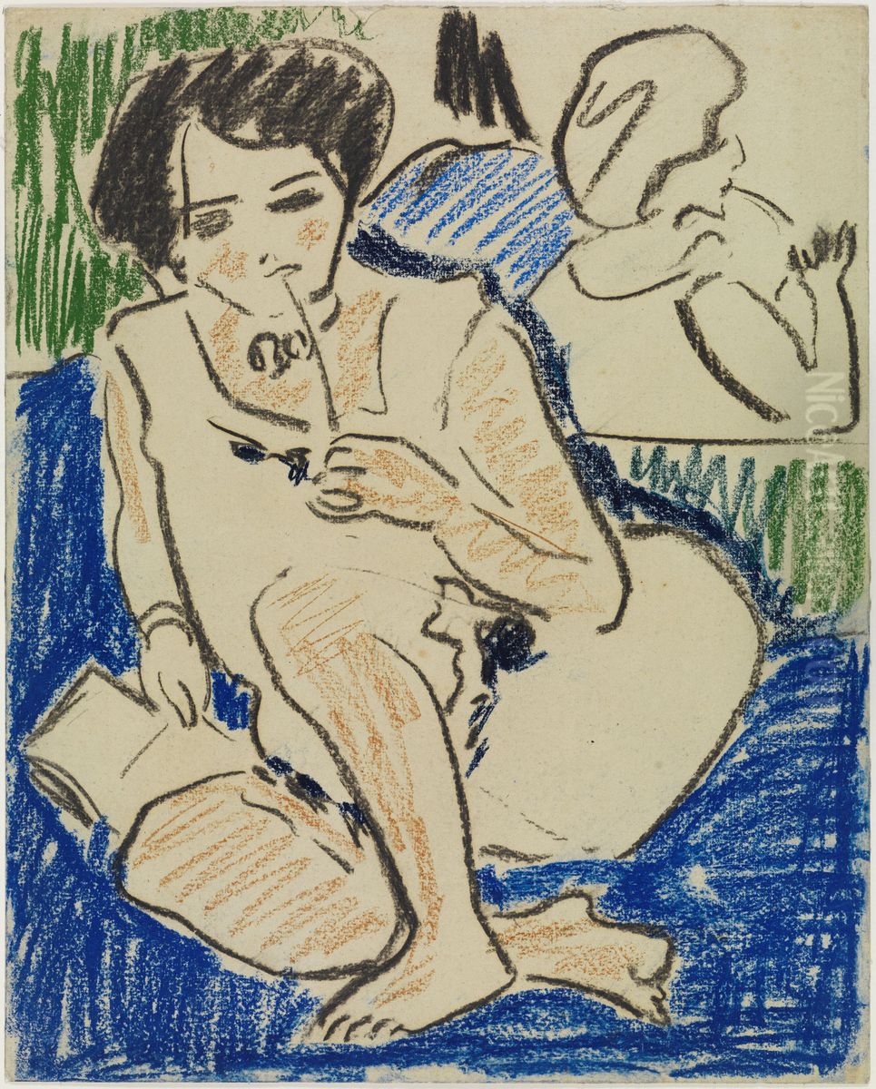Squatting Woman with Book Oil Painting by Ernst Ludwig Kirchner
