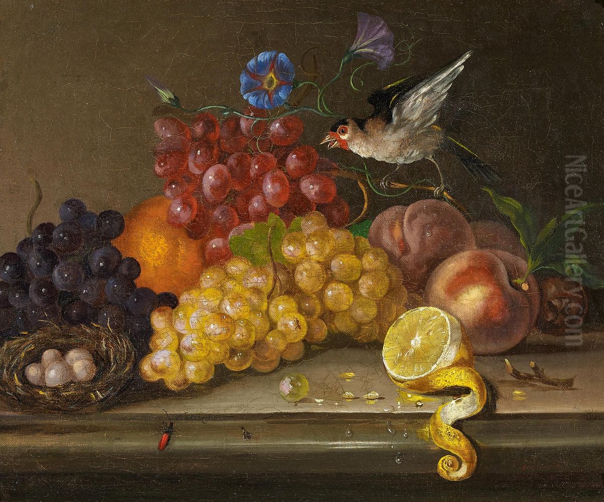 Fruchtestillleben mit Stieglitz Oil Painting by Johann Nepomuk Mayrhofer