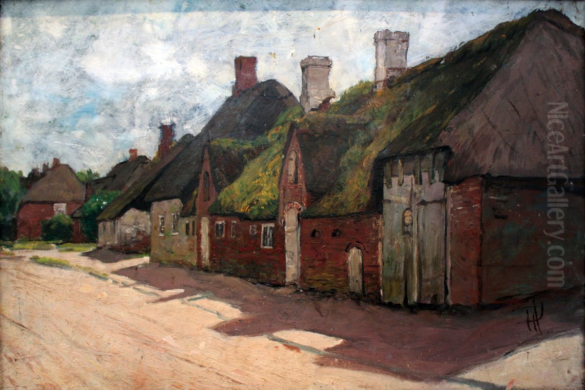 Old houses in Braderup Oil Painting by Hans Peter Feddersen