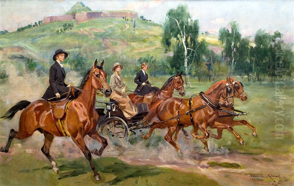 Zofia, Maria i Roza Tarnowskie podczas konnej przejazdzki na krakowskich Bloniach Oil Painting by Wojciech Kossak