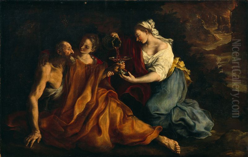 Lot with his daughters Oil Painting by Bartolomeo Guidobono