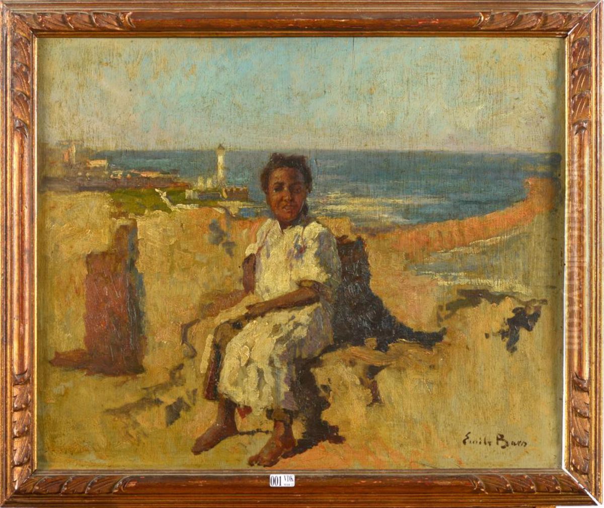 Seated girl against a North African landscape Oil Painting by Emile Baes