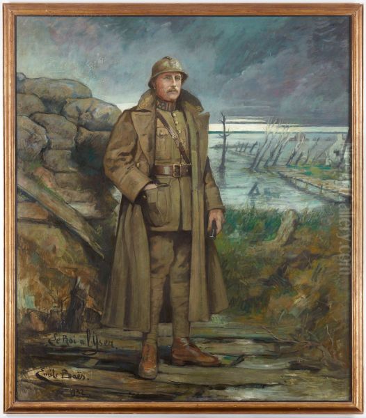 Portrait of Albert I of Belgium on the banks of the Yser Oil Painting by Emile Baes