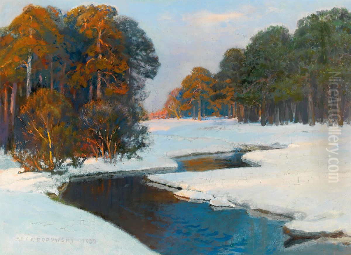 Winter Landscape in the Evening Light Oil Painting by Stefan Popowski