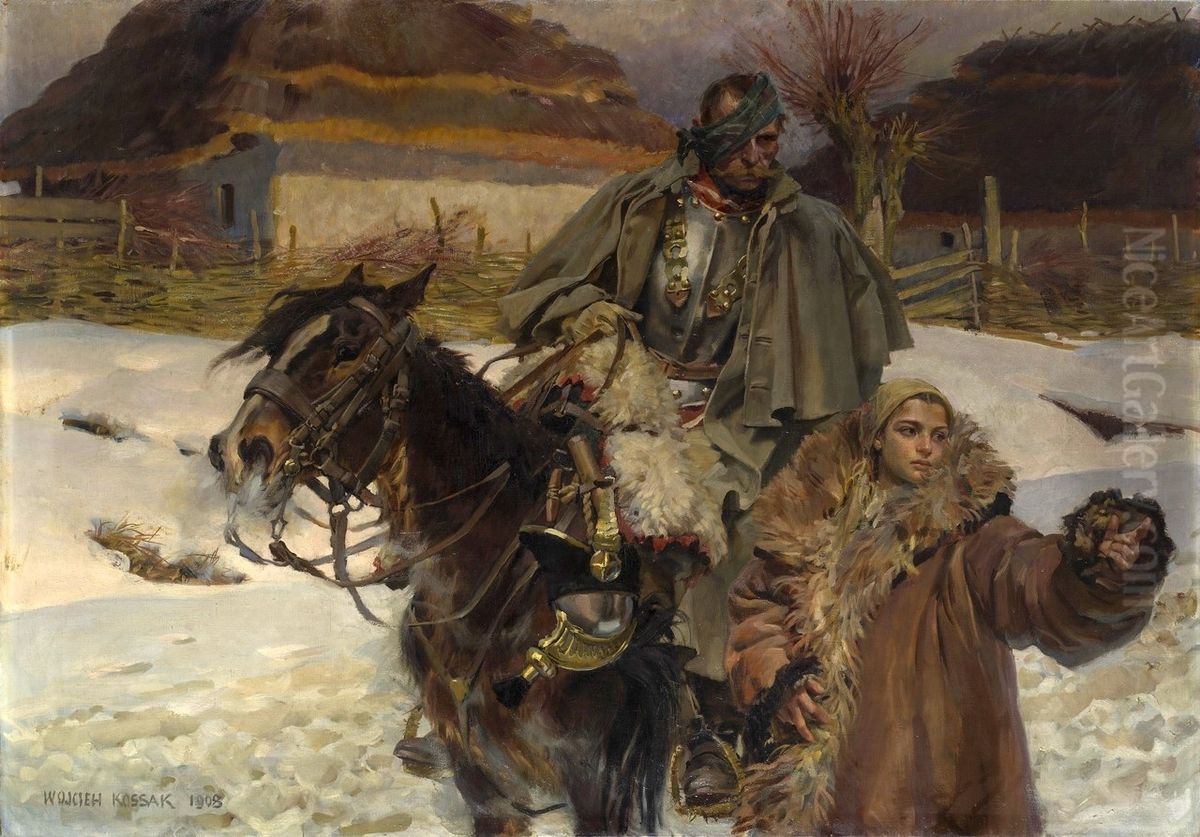 Ranny kirasjer i dziewczyna. Oil Painting by Wojciech Kossak