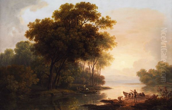 Landscape of trees with a view of a lake shore in the hazy late light Oil Painting by Franz Scheyerer