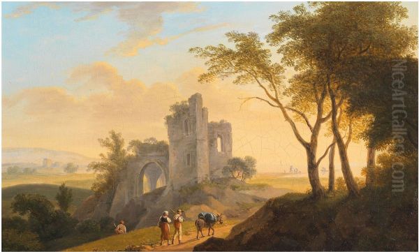 Landschaft mit Ruine und Wanderern Oil Painting by Franz Scheyerer