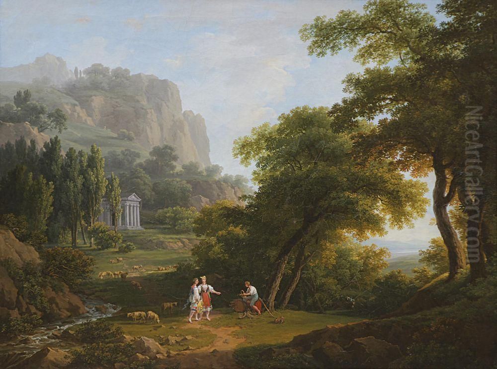 Italian landscape with shepherdesses Oil Painting by Franz Scheyerer