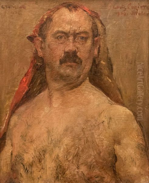 Selbstbildnis als Halbakt mit rotem Kopftuch Oil Painting by Lovis Corinth