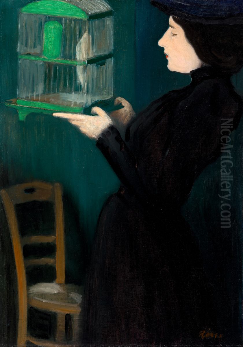 Girl with a Birdcage I. Oil Painting by Jozsef Rippl-Ronai