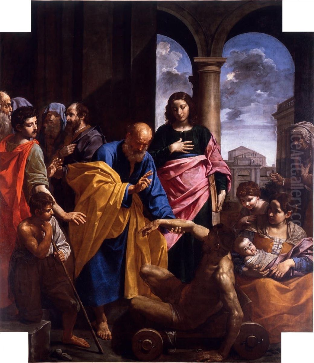 Saint Peter healing the cripple Oil Painting by Simone Cantarini (Pesarese)