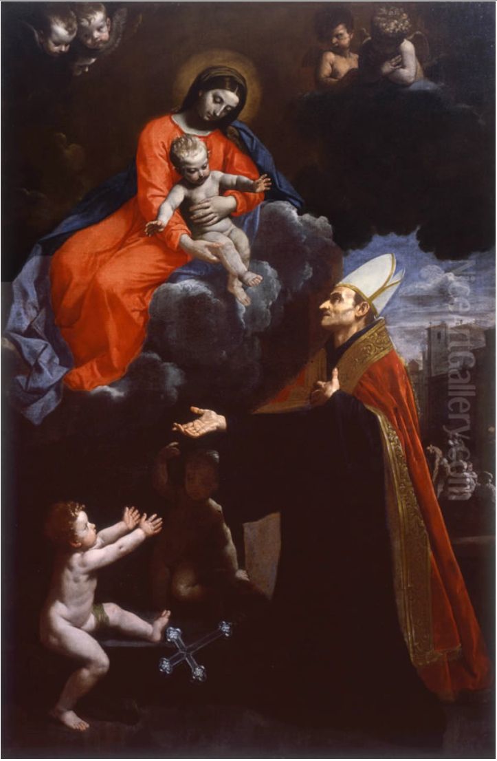 La Vergine col Bambino appare a San Tommaso da Villanova Oil Painting by Simone Cantarini (Pesarese)