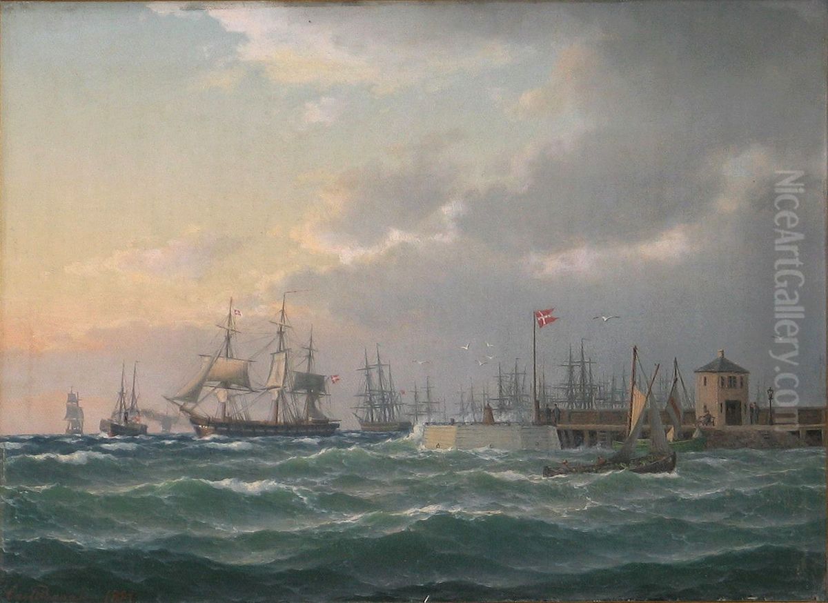 Marine med talrige sejlskibe ud for Helsingors Havn. Oil Painting by Carl Baagoe