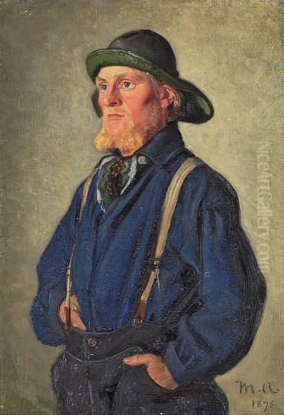 A standing young fisherman with a green sou'wester. Oil Painting by Michael Peter Ancher