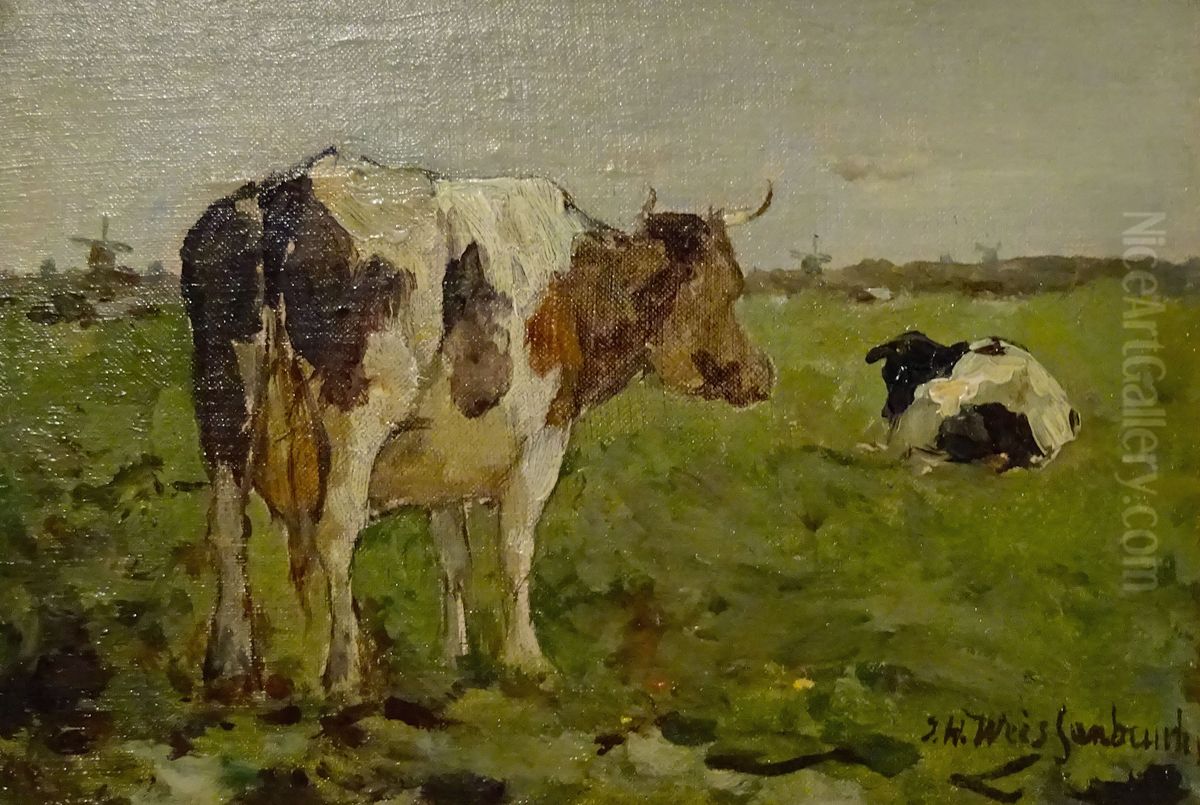 Koeien in de wei Oil Painting by Johan Hendrik Weissenbruch