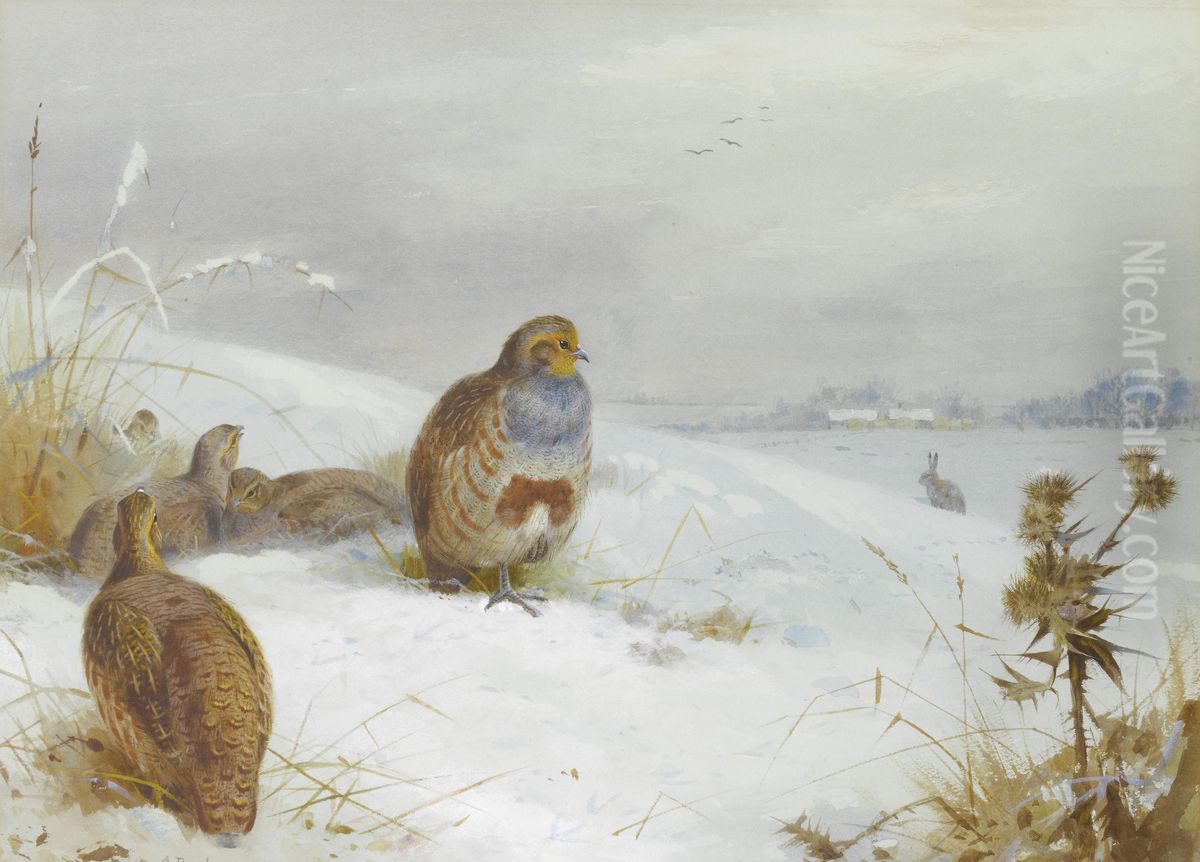 Hard times- partridges and a hare Oil Painting by Archibald Thorburn