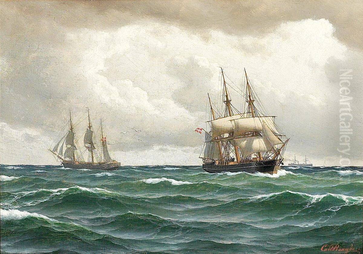Two Danish sailing ships at sea. Oil Painting by Carl Baagoe
