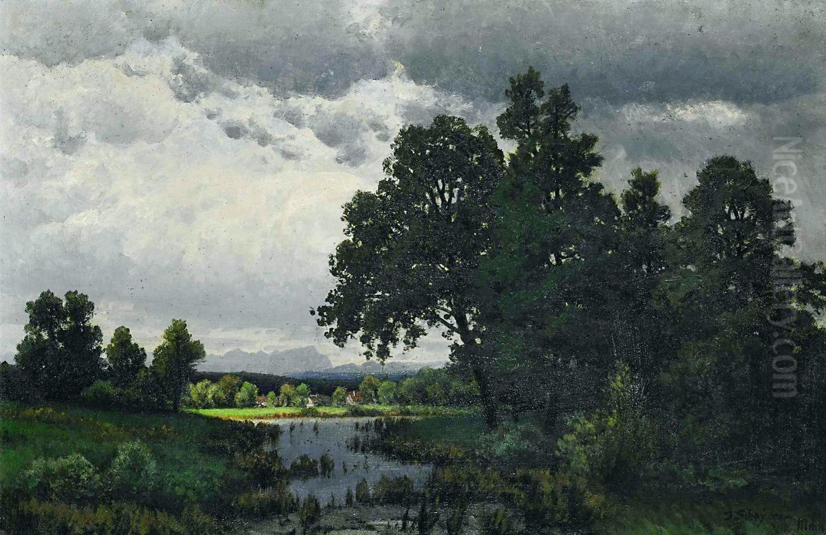 Summer landscape with rain clouds Oil Painting by Josef Schoyerer
