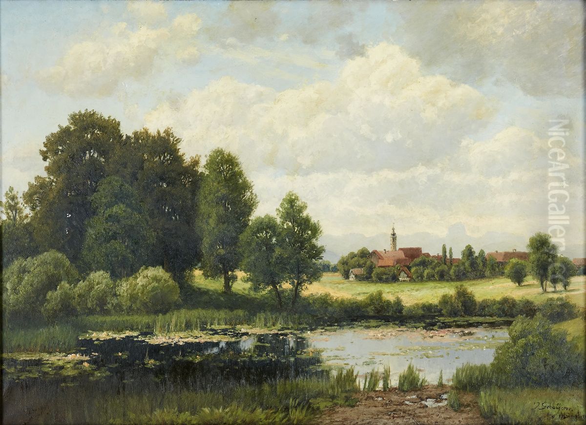 Pastoral landscape with village Oil Painting by Josef Schoyerer