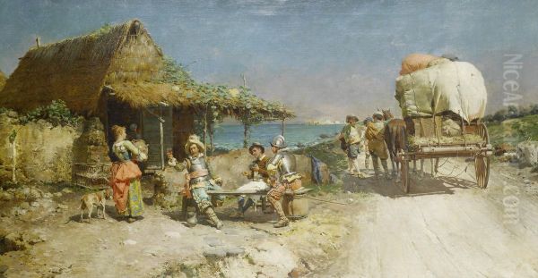 Refreshments at a wayside inn Oil Painting by Cesare Augusto Detti