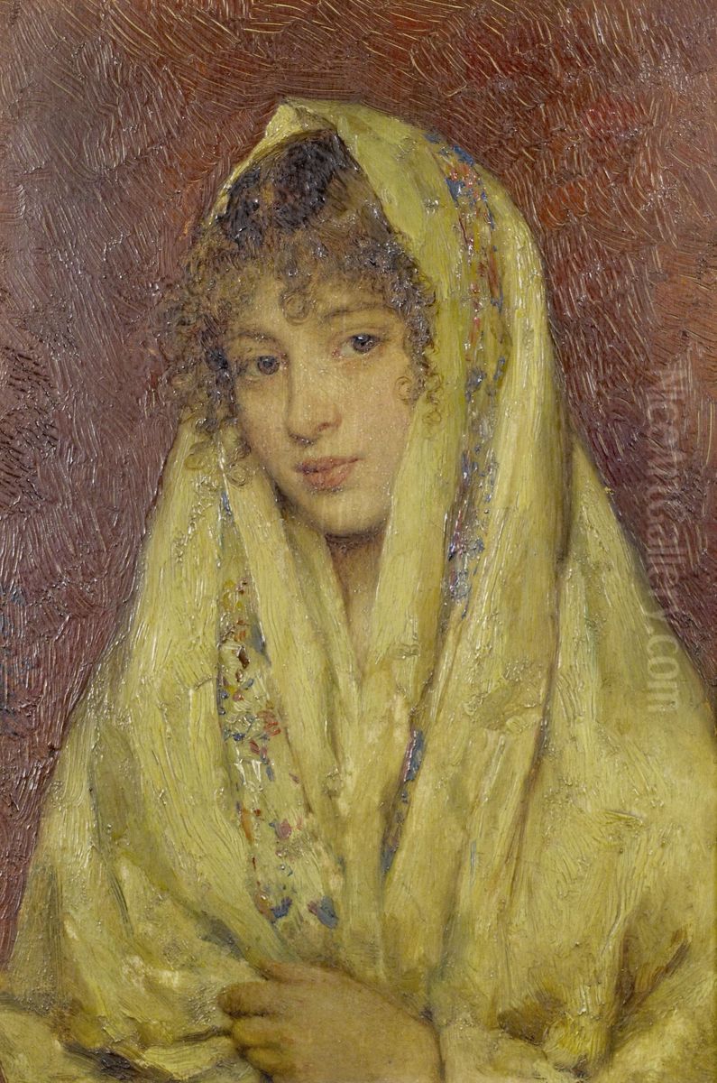 Girl in a yellow shawl Oil Painting by Eugene de Blaas
