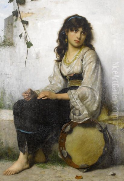The Little Tambourine girl Oil Painting by Francois-Alfred Delobbe