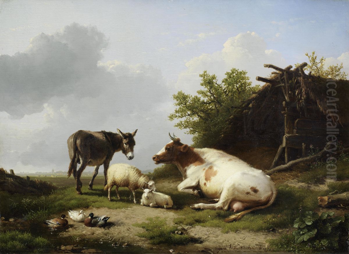Farm animals by a field shelter Oil Painting by Eugene Verboeckhoven