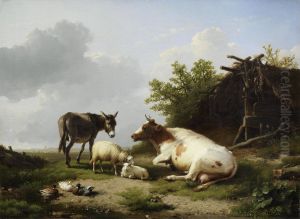 Farm animals by a field shelter