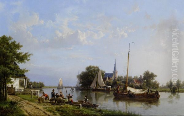 Barges on a canal in summer Oil Painting by Hermanus Koekkoek