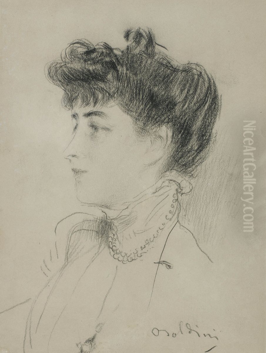 Signora con collana di perle Oil Painting by Giovanni Boldini