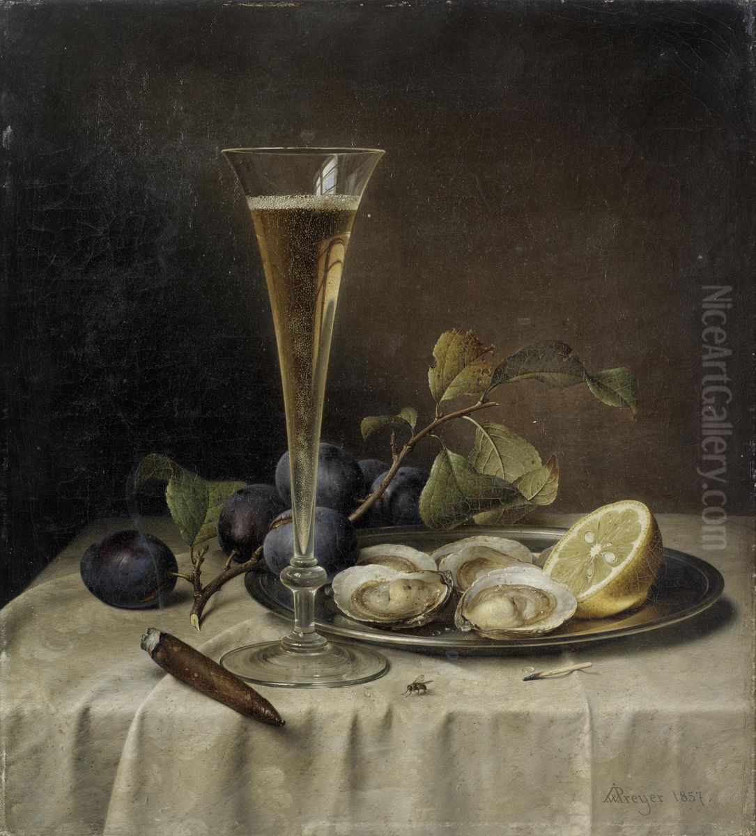 Stillleben mit Sektflote und Austern Oil Painting by Johann Wilhelm Preyer