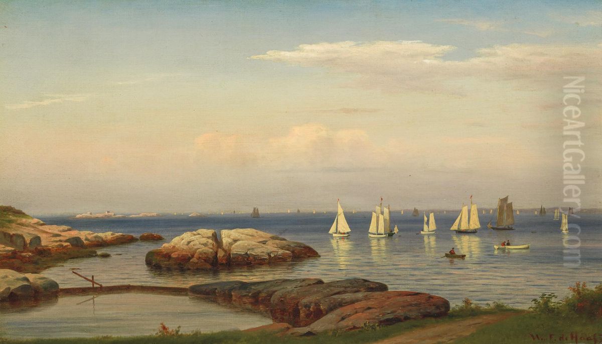 Sailboats On Gloucester Rocks At Sunset Oil Painting by Willem Frederik de Haas