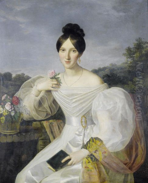 A lady in a white dress and shawl before a Viennese landscape Oil Painting by Ferdinand Georg Waldmuller