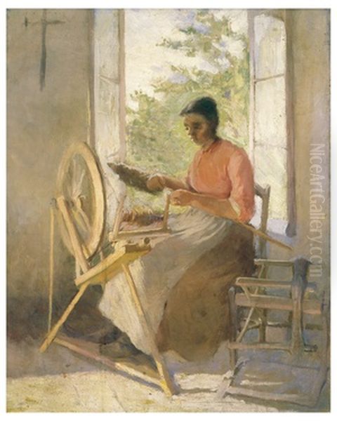 Girl spinning Oil Painting by Anna Huntington Stanley